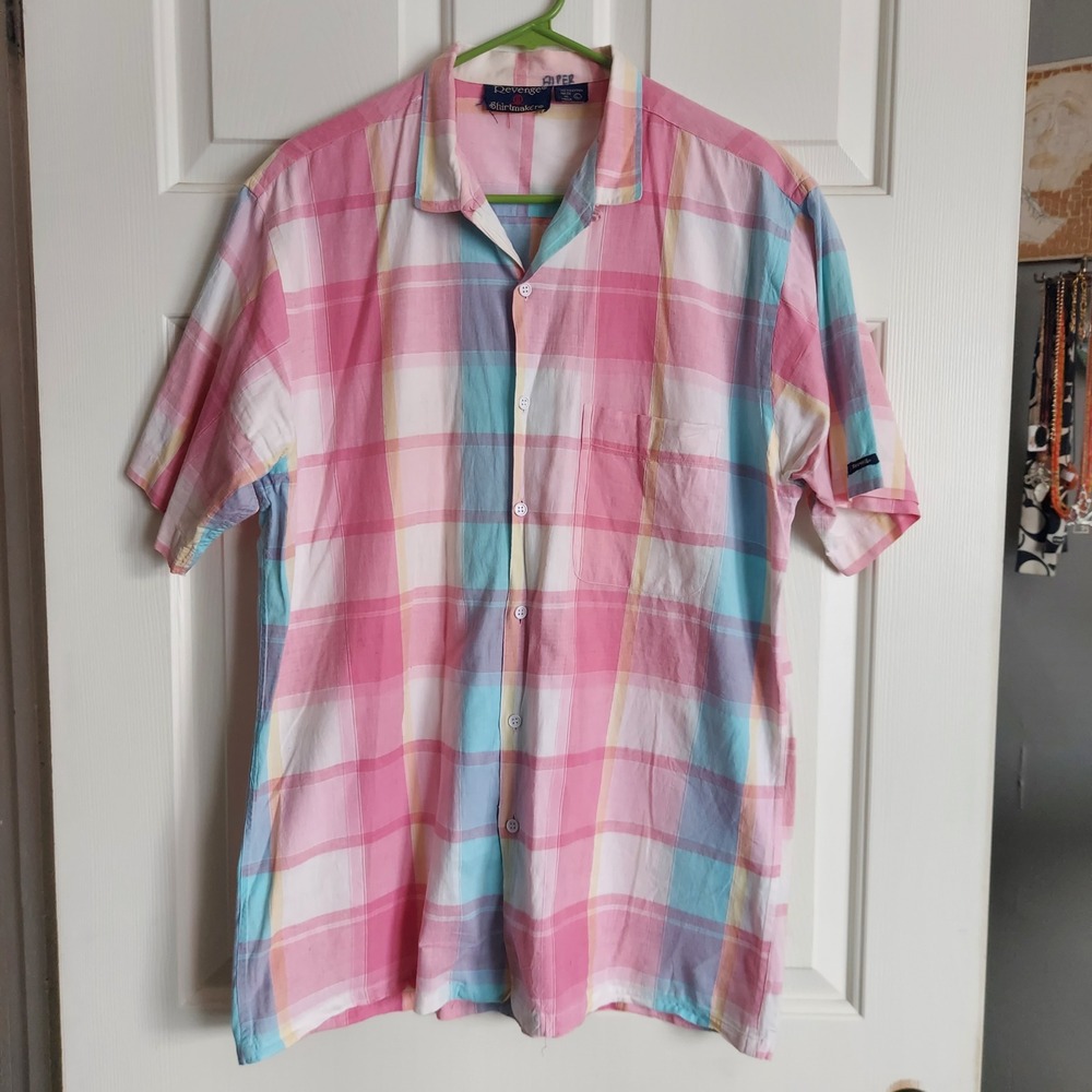 Revenge Shirtmakers Mens Large Pink Blue Pastel Plaid Cotton Button Down Shirt